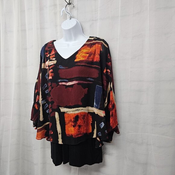 Joseph A Black Rust Layered Blouse Abstract Retro Artsy XL - Picture 6 of 12